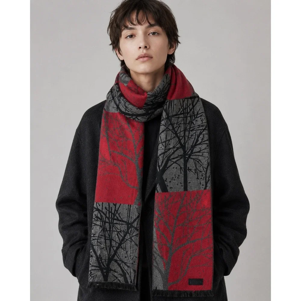 Mio Marino Red Grey Tree Silhouette Knit Winter Scarf Eyelash Fringe Logo Patch